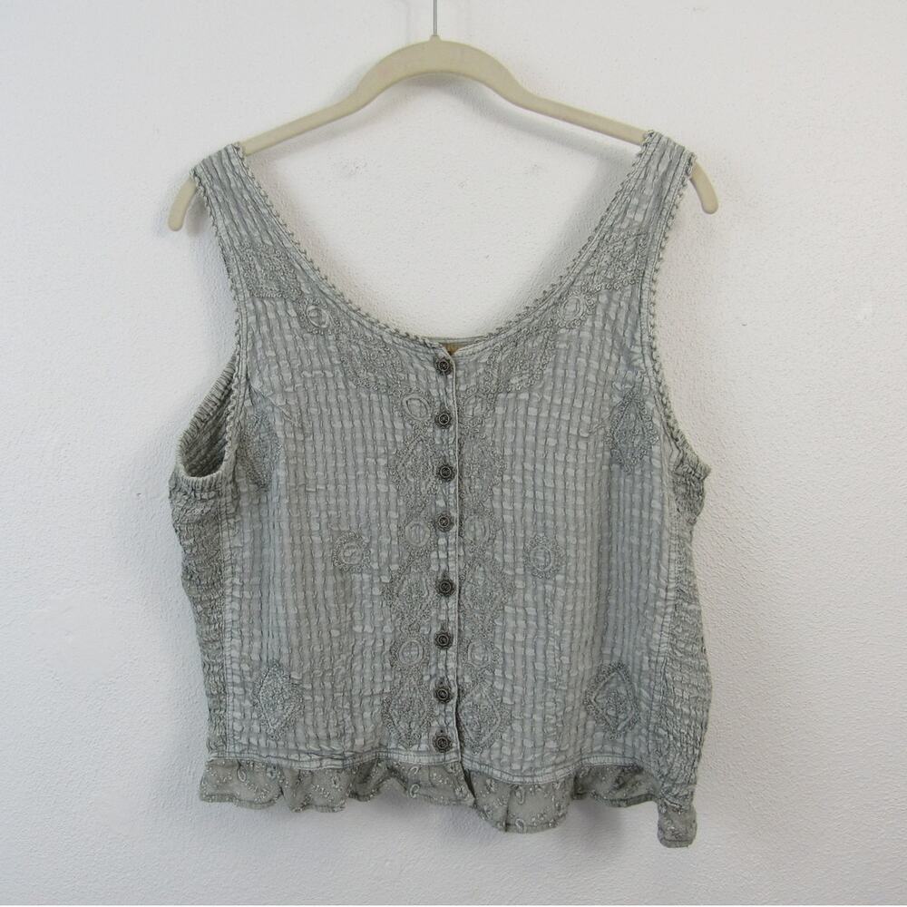 Tera Bora Grey Textured Cropped Tank Top Button Front Embroidery Ruffles XL